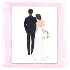 a watercolor painting of a bride and groom looking at each other from the back