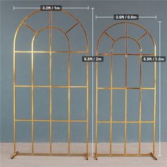 two gold metal windows with measurements for each window and the size is shown below them