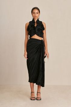 SONOMA SKIRT - TRUFFLE – CULT GAIA Pleated Draped Skirt With Flowy Fit For Party, Pleated Flowy Draped Skirt For Party, Flowy Pleated Draped Skirt For Party, Fitted Maxi Skirt With Folds For Party, Fitted Party Maxi Skirt With Folds, Elegant Pleated Skirt For Evening, Elegant Folded Maxi Skirt For Evening, Party Satin Skirt With Folds, Elegant Evening Maxi Skirt With Folds