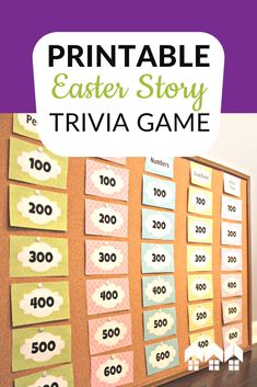 the printable easter story trivia game is displayed on a bulletin board with words and numbers