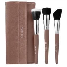 This High Quality Set From Sephora Includes A Stippling Brush, A Flat Top Powder Brush For Buffing And Setting, And An Angled Blush Brush. Also Includes Pro Team Make-Up Tutorial. The Set Is Encased In A Fashionable Slim-Line Pouch. This Set Contains: - Stippling Brush - Buffing Brush - Angled Blush Brush - Pro Team Brush Tutorial - Go-Anywhere Travel Case Nwt Brand New Stippling Brush, Makeup Sephora, Cream Lip Stain, Travel Makeup Brushes, Affordable Makeup, Trendy Makeup, Contour Brush, Contour Makeup, Blush Brush