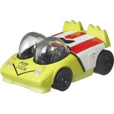 a yellow toy car with a helmet on top