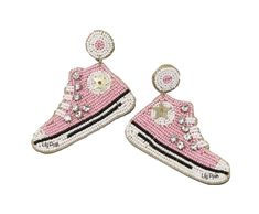 "Sneakers Earring * 1 pair * White Size: 2.25\" x 2\" * Style 2 Size: 3.25\" * Push Back * Seed Bead" Seed Bead Earring, Converse High Top, Bead Earring, Earring Tutorial, New Sneakers, Seed Bead Earrings, Bead Embroidery, Converse High, Converse High Top Sneaker