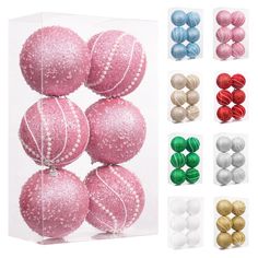 christmas ornaments in different colors and sizes are displayed on a white background with clear boxes