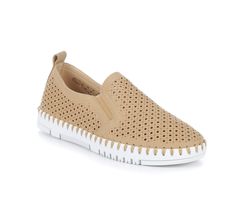 Breathable perforated synthetic upper, Easy slip-on entry with elastic panels, Closed round toe, Approx. 1 1/4 inch lift height, Cushioned unlined insole, Flexible rubber midsole with stitching details and durable outsole, Patrizia® branding details | Women's Patrizia Surfie Slip-On Shoes in Tan Size 6 Spring Flat Heel Slip-ons With Perforations, Spring Beige Slip-ons With Perforated Toe Box, Beige Slip-ons With Perforated Toe Box For Spring, Flat Slip-on Sneakers With Perforated Toe Box, Synthetic Slip-on Sneakers With Flat Heel, Slip-on Synthetic Sneakers With Flat Heel, Comfortable Slip-ons With Perforations And Round Toe, Slip-on Flat Sneakers With Perforated Toe Box, Slip-ons With Perforations And Round Toe