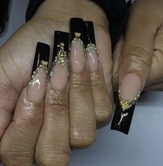 Dark Feminine Aesthetic Nails, Black Gel X Nails, Cathedral Nails, Black And Gold Acrylics, Gold Bling Acrylic Nails, Kali Uchis Nail Ideas, Black And Gold Acrylic Nails, Nail Charm Designs, Black Bling Nails