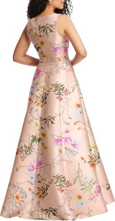 Alfred Sung Floral Corset Satin Gown | Nordstrom Spring A-line Gown With Lined Bodice, Spring Silk A-line Gown, Floral Print Prom Gown For Spring, Spring Sleeveless Satin Gown, Spring Floral Print Prom Gown, Spring Garden Party A-line Gown, Spring A-line Gown With Fitted Bodice, Spring Ball Gown With Pleated Bodice, Spring Gala Gown With Floral Print