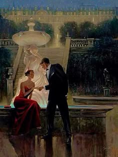 a painting of two people standing in front of a fountain