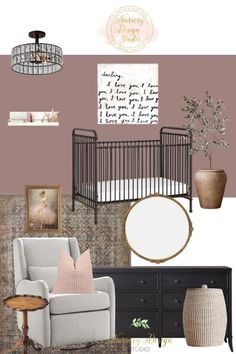 a baby's room with pink walls and furniture, including a chair, crib,