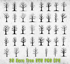 tree silhouettes are shown on a white brick wall with the words, 39 bare tree sv