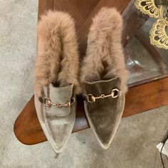 Sana Faux Fur Brown Shoes Size 39 Nwot Faux Fur Inside Gold Buckle Detail Slip On Soft Plush Chic Classic Elegant Classic Chic Winter Slip-on Mules, Fall Beige Suede Mules, Winter Slip-on Mules, Winter Brown Suede Mules, Brown Shoes, Classic Elegant, Brown Shoe, Tan Brown, Soft Plush