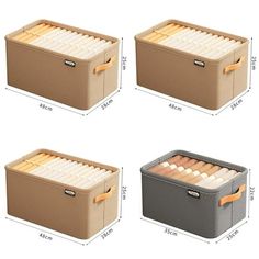 four sizes of storage boxes with handles and dividers on each side, showing the size