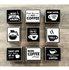 six coasters with coffee designs on them sitting on top of a wooden table next to each other