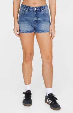 An ultrashort silhouette elevates the sunny-weather charm of these shorts made from sturdy nonstretch denim. Exclusive retailer 1" inseam; 25" leg opening; 11" front rise; 15" back rise (size 8) Zip fly with button closure Five-pocket style 100% cotton Machine wash, line dry Imported Casual Stretch Cutoff Jean Shorts, High Rise Stretch Jean Shorts In Medium Wash, Stretch Denim Cutoff Jean Shorts, Stretch Denim Blue Cutoff Shorts, Stretch Mid-rise Jean Shorts In Medium Wash, Mid-rise Stretch Jean Shorts In Medium Wash, Stretch Cutoff Jean Shorts In Denim Blue, Medium Wash Short Leg Denim Bottoms, Dark Wash Mid-rise Jean Shorts