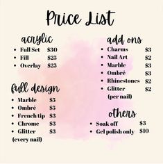 price list repost! Acrylic Nails Price List, Gel X Nail Price List, Bracelet Price List, Nail Price List Ideas Beginner, Nail Pricing List, Nail Prices List, Nail Prices For Beginners, Nails Price List Ideas, Price List For Nails