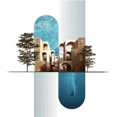 an artistic collage of buildings and trees in the water with a person swimming under them