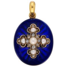 A Victorian blue enamel pair of earrings and locket, the oval drop set with pearl and diamond-set stylised Byzantine cross beneath gold scrolling runs, with matching locket, circa 1860, measuring approximately 3.6cm, gross weight 37.1 grams. This wonderful matching earrings and locket set comes from the collection of Bentley & Skinner, the London jewellers by appointment to both Her Majesty the Queen and His Royal Highness the Prince of Wales. The locket features a royal blue enamel background, Byzantine Cross, Locket Earrings, Enamel Locket, Diamond Locket, Vintage Locket, Azul Real, Diamond Jewelry Designs, Jewellery Shop, Button Jewelry