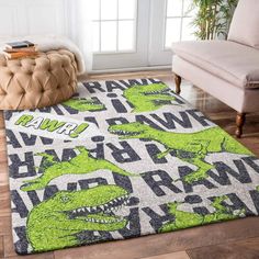 a living room area with a rug that has dinosaurs on it and the words hawaii printed