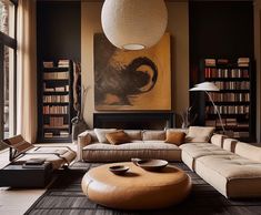 a living room filled with lots of furniture and bookshelves next to a window