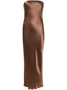 chocolate brown satin finish strapless cut-out detailing draped back ankle-length Bec And Bridge Brown Dress, Elegant Brown Slip Dress For Party, Brown Satin Midi Dress For Evening, Elegant Brown Maxi Dress For Night Out, Elegant Brown Satin Maxi Dress, Formal Brown Silk Midi Dress, Fitted Brown Slip Dress For Evening, Elegant Brown Slip Dress For Evening, Brown Fitted Slip Dress For Evening