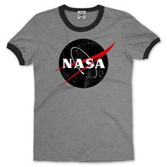 Black Official NASA Logo Men's Ringer T-Shirt in Black Tri-blend Crew Neck T-shirt With Band Logo, Tri-blend T-shirt With Band Logo And Crew Neck, Cotton Tri-blend Tops With Band Logo, Band Logo Crew Neck T-shirt, Unisex Band Logo T-shirt Crew Neck, Retro Tri-blend Black T-shirt, Band Logo T-shirt With Crew Neck, Retro Black Tri-blend T-shirt, Fan Merchandise Cotton Logo T-shirt