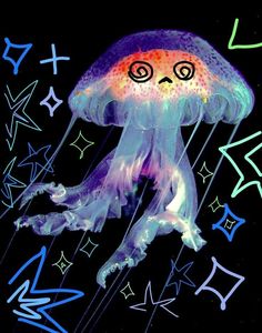 an image of a jellyfish floating in the air with stars and shapes around it