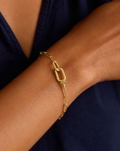 This stylish Crew Link Bracelet features an interlocking link design and push hinge closure, making it easy to wear and perfect for layering with your favorite bracelets. Its beautiful textured detail adds a touch of elegance to any outfit. We love it stacked with dainty gold bracelets. Crew Link Bracelet, 18k Gold, Women's by gorjana Earrings Stacking, Dainty Gold Bracelet, Link Design, Gold Bracelets, 14k Gold Necklace, Mix Style, Gold Necklaces, Stacking Rings, Link Bracelets