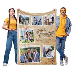 two people standing next to a large blanket with photos on it and the words family printed on it