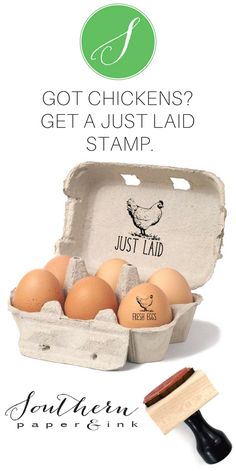 an egg carton with six eggs in it and the words, got chickens? get a just laid stamp