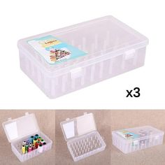 three clear storage boxes filled with crafting supplies