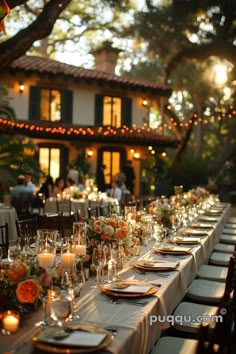 a long table is set with candles and place settings for an outdoor dinner party in front of a house