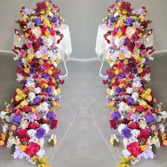 two rows of flowers are arranged in the shape of an arch