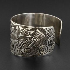 Traditional Etched Cuff Bracelet, Traditional Sterling Silver Etched Cuff Bracelet, Salmon Life Cycle, Southwestern Style Oval Sterling Silver Cuff Bracelet, Southwestern Silver Cuff Bracelet With Inlay, Sterling Silver Cuff Bracelet Native American, Salmon Eggs, Northwest Coast, Life Cycle