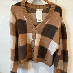 Nwt! From A Local Shop! Plaid V-neck Cardigan For Fall, Plaid V-neck Outerwear For Fall, Fitted Plaid Cardigan For Fall, Therapist Outfit, Checkered Sweater, Local Shop, Shop Local, Sweater Cardigan, Sweaters & Cardigans