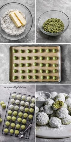 pistachio snowball cookies progress photos: first photo shows dry ingredients combined in bowl with butter added on top. Second photo shows pistachio snowball cookie dough in bowl. third photo shows cookie dough portions arranged on baking sheet. Fourth photo shows some cookies rolled in powdered sugar on wire rack. Fifth photo shows powdered sugar rolled cookies on serving platter. Pistachio Finger Cookies, Christmas Cookies Snowballs, Pistachio Meltaway Cookies, Pistachio Spritz Cookies, Pistachio Crinkle Cookies, Pistachio Drop Cookies, Melting Cookies Recipe, Pistachio Amaretti Cookies, Cookies With Pistachios