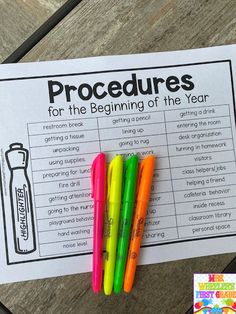 four markers on top of a piece of paper that says procedure for the beginning of the year