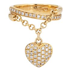 Diamond Heart Charm 18k Yellow Gold Band Ring Size 7 Double Heart Ring, Charm Ring, Diamond Heart Ring, Pave Diamond Ring, Gold Band Ring, Stacked Jewelry, Modern Ring, Charm Rings, White Gold Jewelry