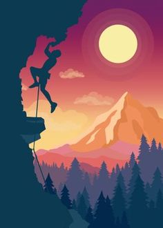 a man climbing up the side of a mountain in front of a full moon at sunset