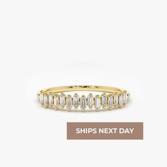 "Diamond Ring / 14k Gold Stackable Baguette Diamond Women's Wedding Ring / Half Eternity Stacking Diamond Ring / Ferkos Fine Jewelry Features * Made to Order * Gold Kt: 14K (also available in 18K) * Available Gold colors: Rose Gold, Yellow Gold, White Gold * Baguette Diamond: 15 pcs 2.25x1.25  * Number of Stones: 15 * Total CTW: 0.24 * Diamond Color Clarity: G Color VS Clarity * Ready to Ship in 1-2 Business Days If you have any additional questions about this ring, just hit the \"Ask a Question\" button (just to the right of the price) and we will get back to you within a few hours.  ▶ See more of our Diamond Rings - http://etsy.me/2lwKUl8 ▶ See our storefront here - http://etsy.me/2lUcVnH  ▶ All store sections here * Diamond Rings - http://etsy.me/2lwKUl8 * Diamond Earrings - http://etsy Yellow Gold Baguette Diamond Promise Ring, Eternity Band With Baguette Cut Diamonds For Promise Ring, Stackable Diamond Ring With Baguette Cut, Yellow Gold Eternity Band With Baguette Diamonds, Timeless Baguette Diamond Eternity Band For Anniversary, Baguette Cut Diamond Eternity Band For Promise Ring, Timeless 14k Gold Wedding Ring With Baguette Diamonds, Wedding Rings With Baguette Diamonds In Round Cut, Classic Yellow Gold Eternity Band With Baguette Diamonds