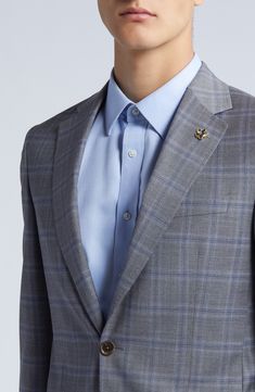 Look sharp in a slim-cut two-piece suit boasting crisp creases on the trousers and neatly notched lapels on the jacket for added polish. Jacket has two-button closure; notched lapels; nonfunctional four-button cuffs; chest welt pocket; front flap pockets; side vents Pants have zip fly with hook-and-bar button closure; front slant pockets; back button-welt pockets Jacket is lined; trousers are lined to the knee 100% wool Dry clean Made in Canada Business Suits With Concealed Placket And Lapel Collar, Professional Suits With Lapel Collar For Business Meetings, Suits With Welt Pockets And Lapel Collar For Business, Professional Single Button Suits For Business Meetings, Office Suit With Concealed Placket And Suit Collar, Professional Single-breasted Suits For Business Meetings, Office Suits With Welt Pockets And Suit Collar, Office Suit With Welt Pockets And Suit Collar, Professional Sport Coat For Business Meetings