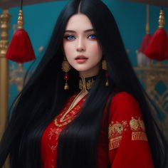 a woman with long black hair and blue eyes wearing red clothing in front of a gold chandelier