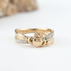 Buy 14K Diamond Kiss Claddagh Ring. Handmade in Dublin, Ireland. Includes luxury gift box. Fast delivery and 5 star customer service! Diamond Claddagh Ring, Claddagh Ring Wedding, Engagement Ring Necklace, Irish Ring Claddagh, Celtic Engagement Rings, Irish Rings, Celtic Necklace, Claddagh Ring, Celtic Wedding Rings