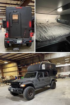 there are pictures of the inside of a building with jeeps and beds in it