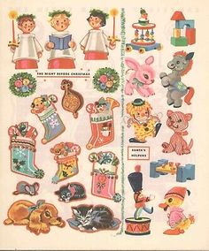 an old children's christmas sticker book with lots of different toys and decorations