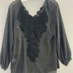 Grey Silk Sheer Blouse With Black From Lace Detail And Button-Down Back. New England Colonial, Contemporary Loft, Gray Silk, City Chic, Sheer Blouse, Lace Detail, Black Gray, Black And Grey, Top Blouse