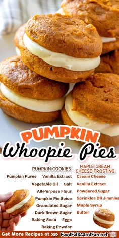 pumpkin whoopie pies are stacked on top of each other with cream cheese frosting