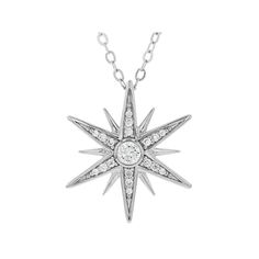 Bella Luce ® white diamond simulant 0.55ctw round, rhodium over sterling silver star pendant with chain. Pendant measures approximately 0.81"L x 0.75"W and has a 1mm bail. Includes an 18" cable chain with a spring ring closure. The diamond equivalent weight is 0.32ctw. Silver Star-shaped Diamond Necklace With Accents, Sterling Silver Star-shaped Diamond Necklace, Sterling Silver Star Diamond Necklace With Accents, Silver Star-shaped Jewelry With Single Cut Diamonds, Sterling Silver Star Diamond Necklace, Star-shaped Silver Diamond Necklace For Anniversary, Silver Star-shaped Diamond Necklace For Anniversary, Anniversary Silver Star-shaped Diamond Necklace, Silver Diamond Star Of David Necklace