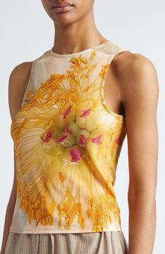 Paloma Lanna's tradition of printing her favorite photos on knitwear continues in a stretchy tank blooming with flowers seen on her travels. 20" length (size Medium) Crewneck 92% viscose, 8% elastane Dry clean or machine wash, dry flat Made in Portugal Designer Clothing Sleeveless Silk Top With Floral Print, Yellow Silk Top With Floral Print, Yellow Floral Print Silk Tops, Fitted Floral Embroidery Tank Top, Fitted Tank Top With Floral Embroidery, Fitted Floral Embroidery Tank Top For Spring, Fitted Multicolor Floral Print Tank Top, Yellow Sleeveless Silk Top, Fitted Silk Tank Top For Spring