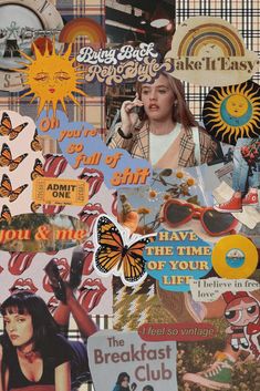 collage of various images and words with woman talking on cell phone in the background