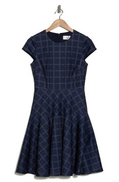 A windowpane print brings polished appeal to a cap-sleeve dress fashioned in a charming fit-and-flare silhouette. 38 1/2" length (size 4) Hidden back-zip closure Jewel neck Cap sleeves Lined 95% polyester, 5% spandex Hand wash, dry flat Imported Eliza J, Capped Sleeve Dress, Sweaters And Leggings, Jewel Neck, Comfortable Dress, Casual Streetwear, Dress Romper, Fit Flare Dress, Jeans Dress